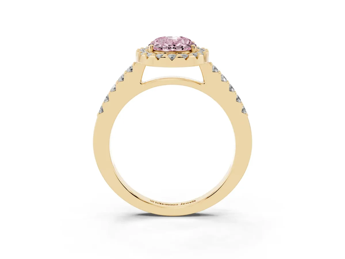 Fancy Pink Oval Cut Halo Diamond Pavé Solitaire Ring Yellow gold