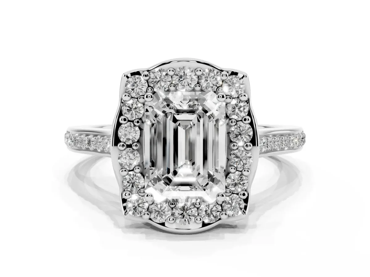 Emerald Cut Halo Round Diamond Pave Band with Four-Prong Setting Silver