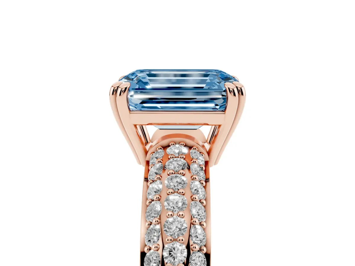 Fancy Blue Emerald Cut Diamond Solitaire Ring with Multi-Row Round Pavé Band and Prong Setting Rose gold