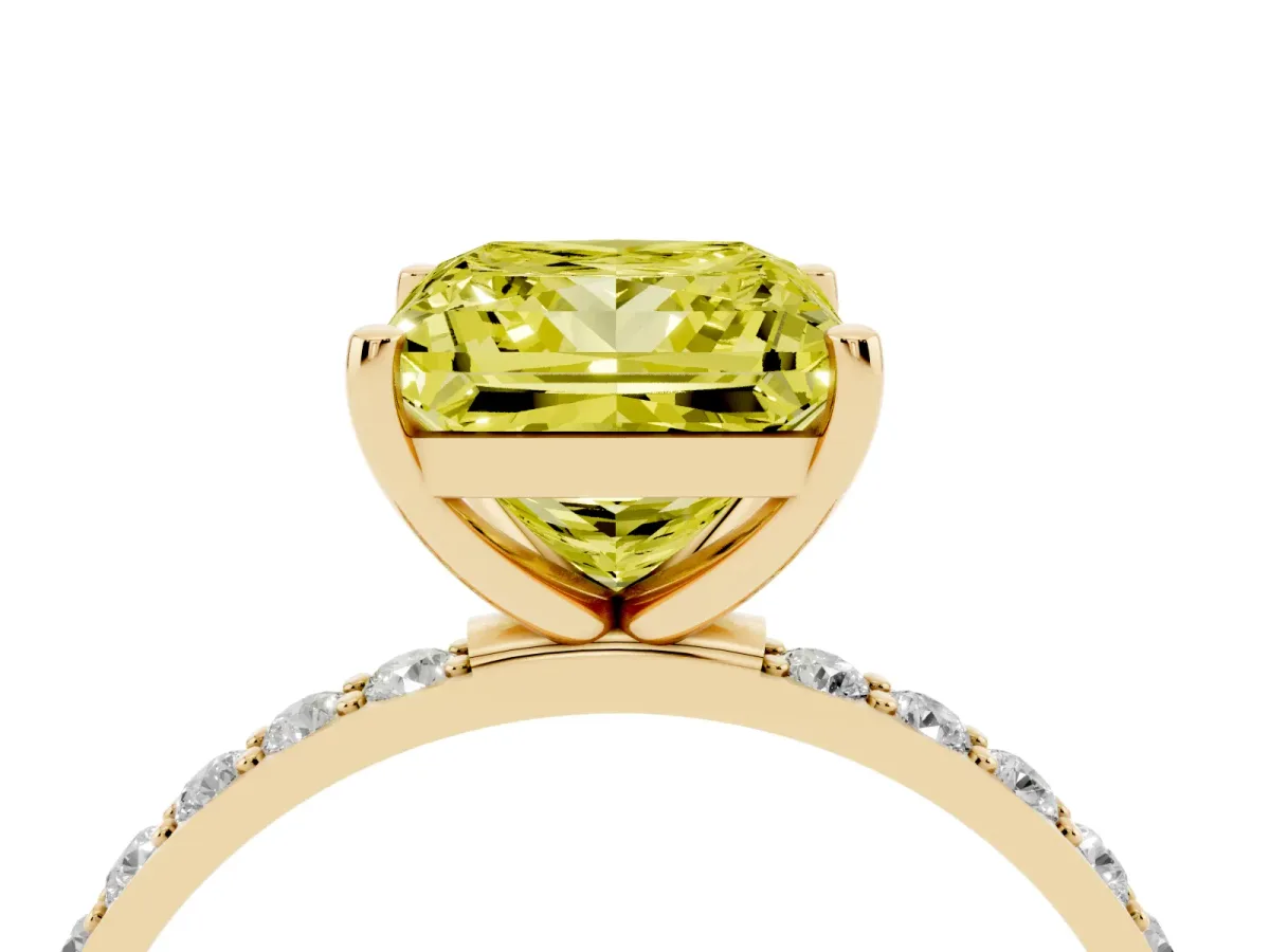 Fancy Yellow Princess Cut Diamond Solitaire Ring with Round Pavé Shoulders and Prong Setting Yellow gold