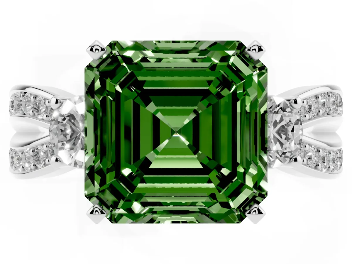 Fancy Green Three-Stone Asscher Cut Cut Diamond Twist Band with Prong Setting Silver