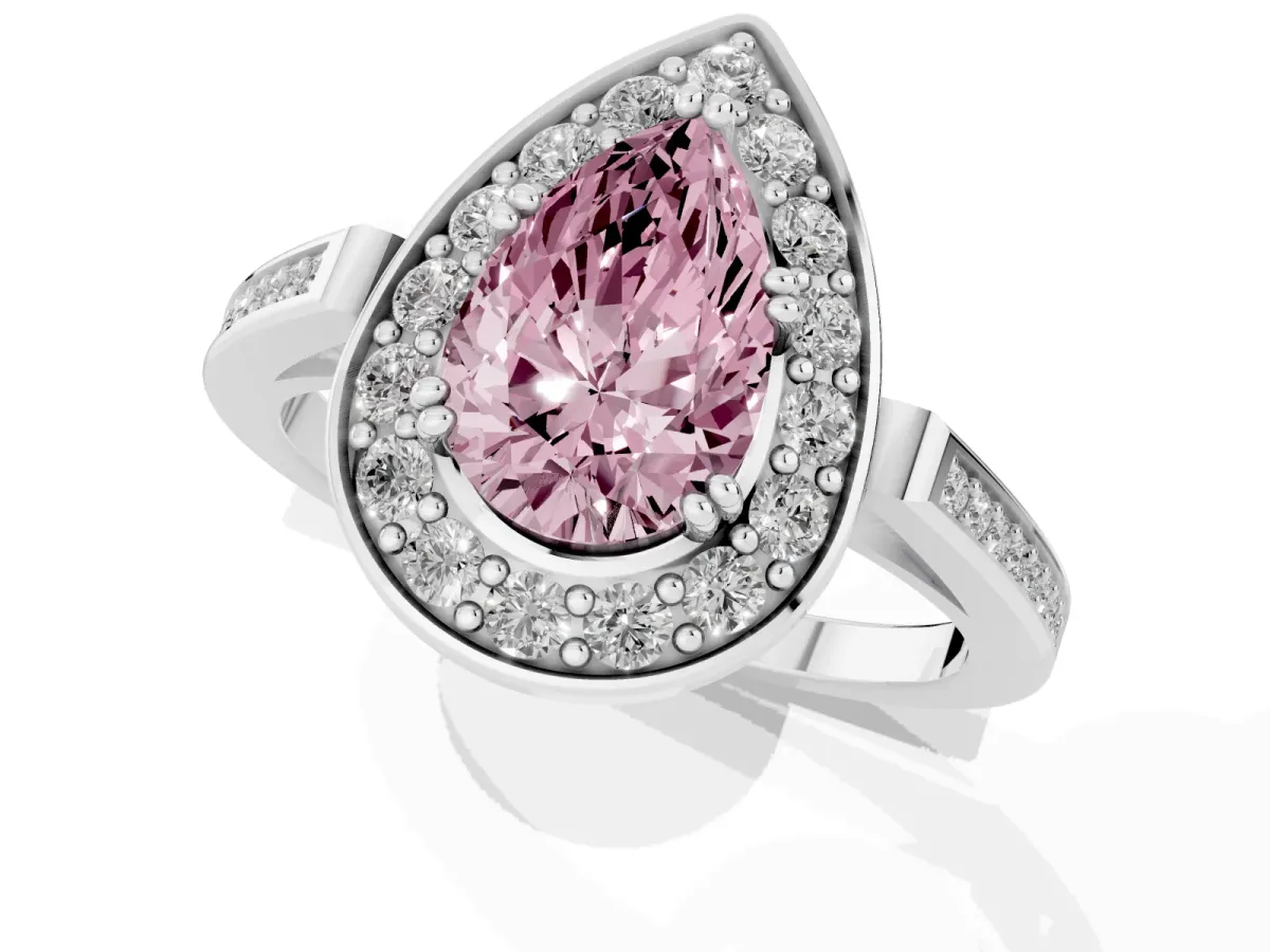 Fancy Pink Pear Cut Diamond Halo Ring with Split Shank and Four-Prong Setting Platinum
