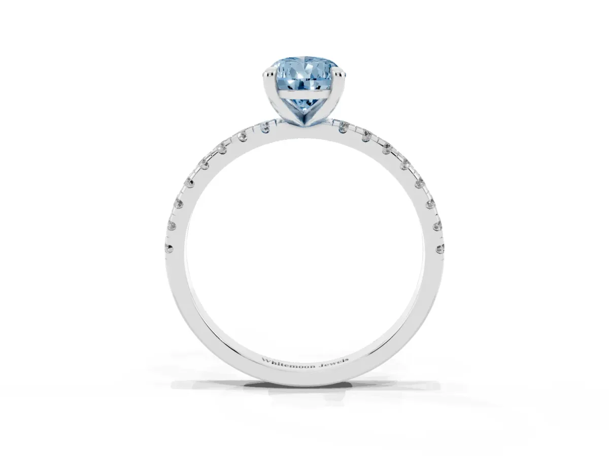 Fancy Blue Pear Cut Diamond Brilliant Solitaire Ring with Pavé Band and Four-Prong Setting Silver