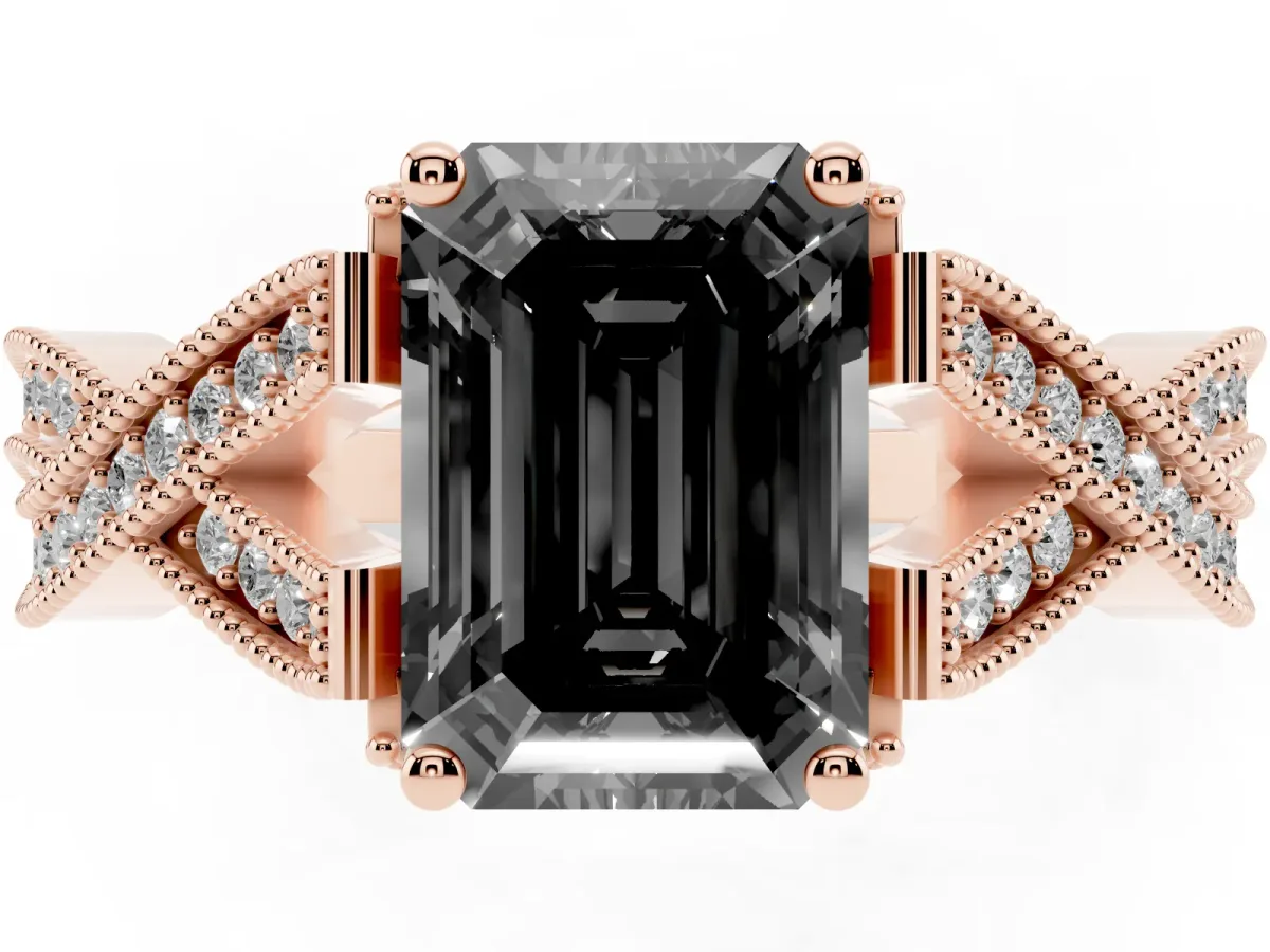 Fancy Black Emerald Cut Cut Diamond Twisted Band with Milgrain Pave Setting and Four-Prong Setting Rose gold