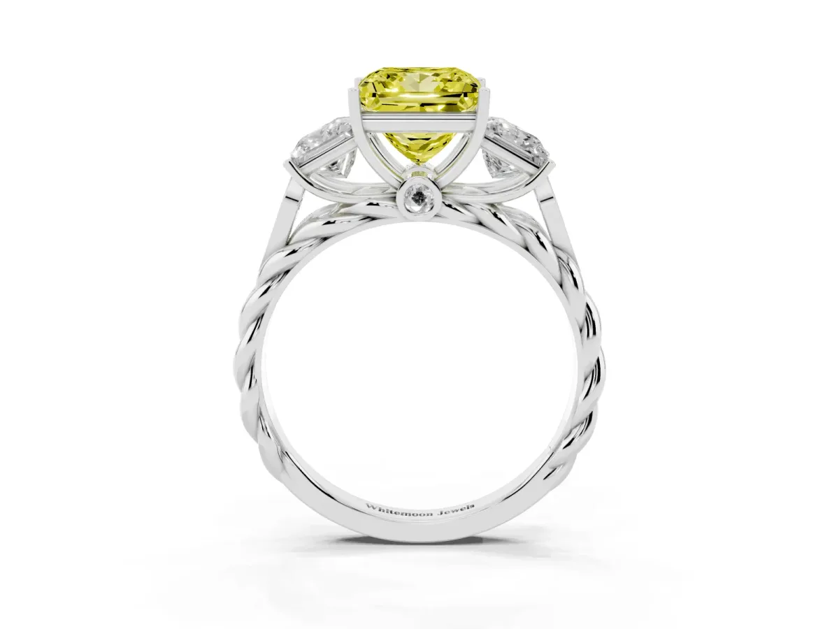 Fancy Yellow Three-Stone Princess Cut Diamond Braided Band Ring with Four-Prong Setting Silver