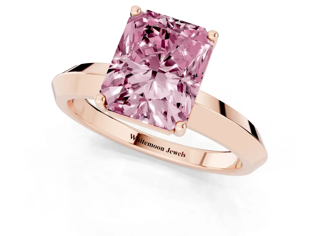 Fancy Pink Radiant Cut Cut Solitaire Engagement Ring with Flat Band and Four-Prong Setting Rose gold
