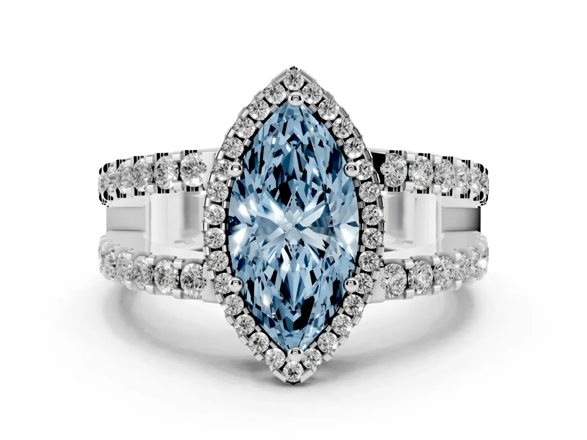Fancy Blue Marquise Cut Cut Halo Split Shank Diamond Ring with Four-Prong Setting Platinum