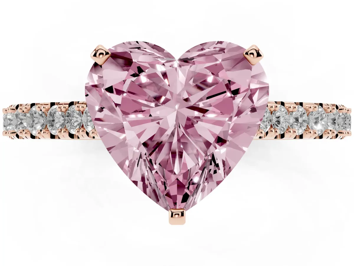Fancy Pink Heart Cut Cut Solitaire Diamond Engagement Ring with Pave Band and Four-Prong Setting Rose gold
