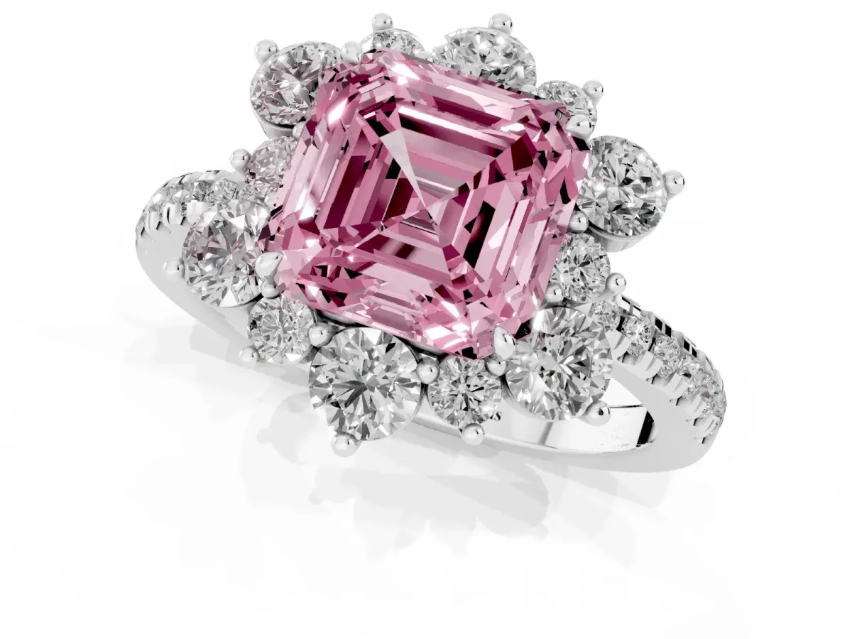 Fancy Pink Asscher Cut Diamond Floral Halo Ring with Round Pavé Band and Prong Setting White gold