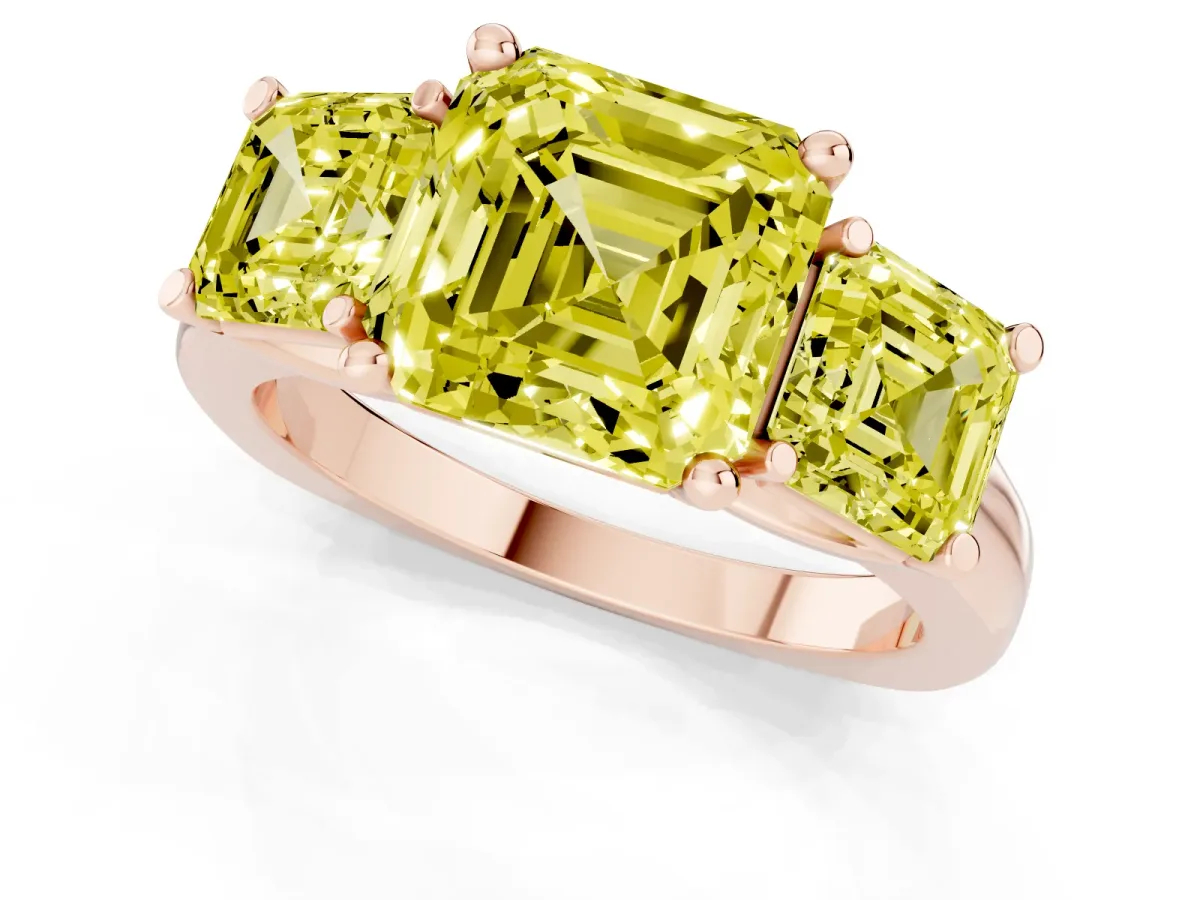 Fancy Yellow Three-Stone Asscher Cut Brilliant Diamond Trellis Ring with Comfort Fit Band Rose gold