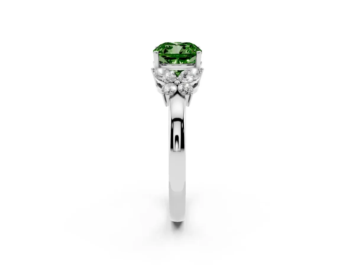Fancy Green Cushion Cut Cut Solitaire Floral Diamond Ring with Four-Prong Setting Silver