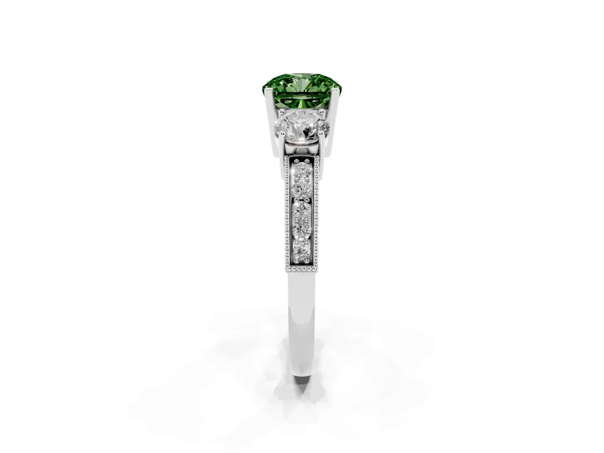 Fancy Green Cushion Cut Three-Stone Diamond Ring with Pavé Band and Four-Prong Setting Silver
