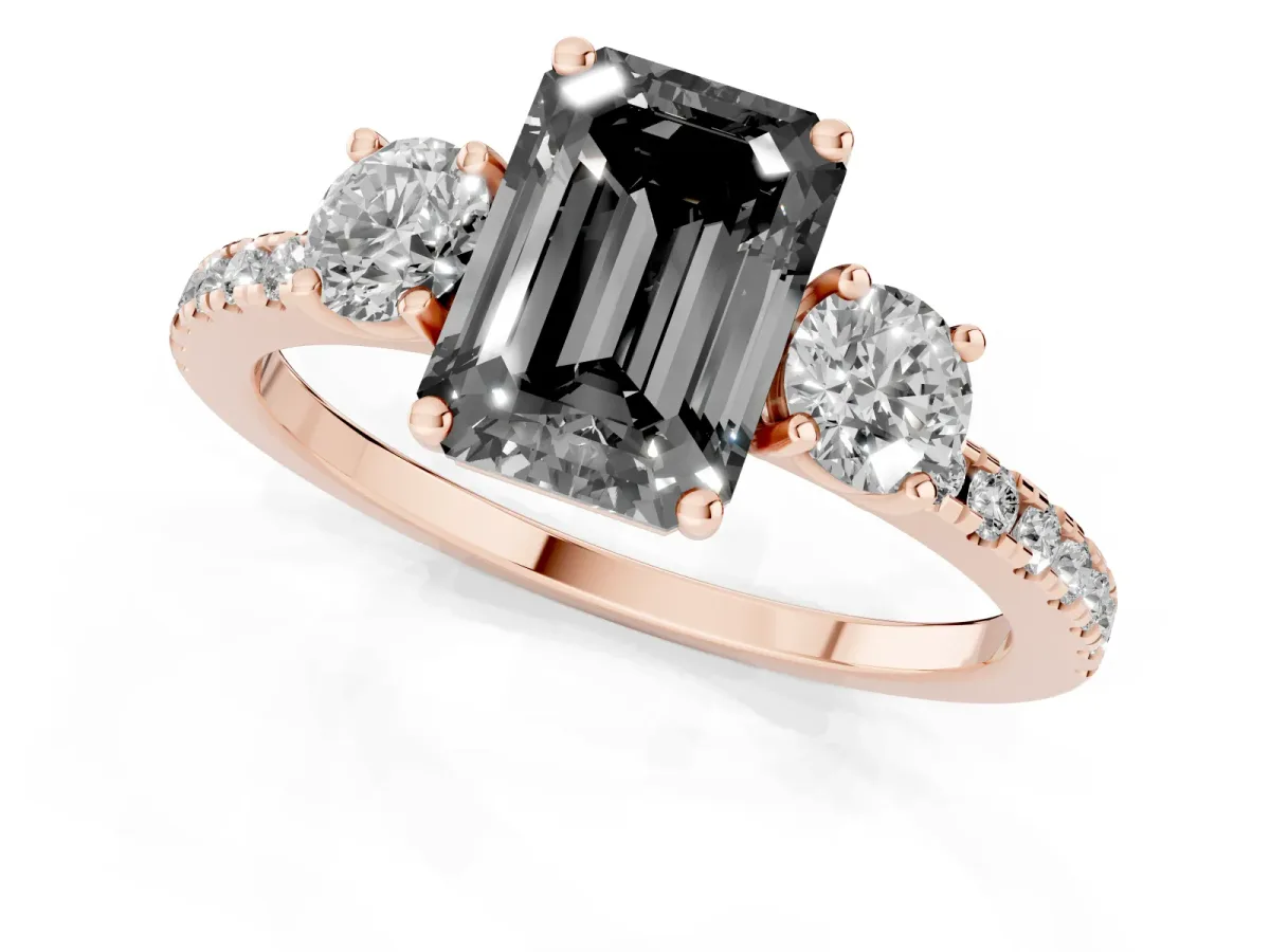 Fancy Black Three-Stone Emerald Cut Cut Diamond Pavé Band with Prong Setting Rose gold