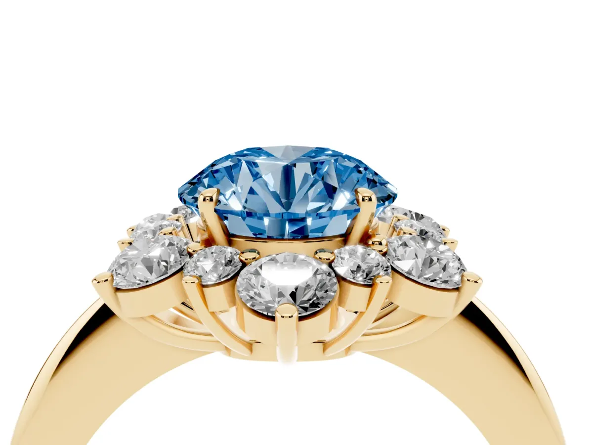 Fancy Blue Round Cut Diamond Cluster Halo Ring with Solitaire Band and Four-Prong Setting Yellow gold