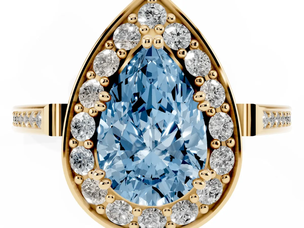 Fancy Blue Pear Cut Diamond Halo Ring with Split Shank and Four-Prong Setting Yellow gold