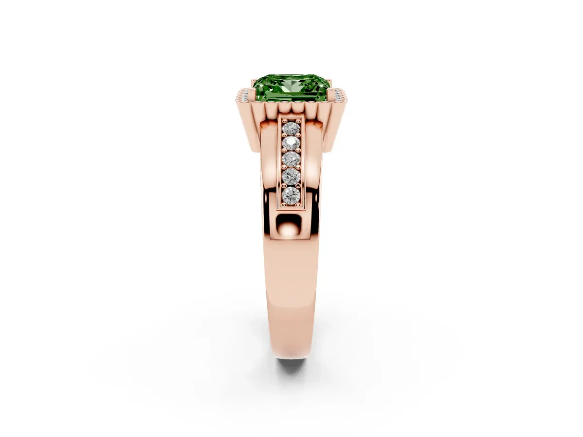 Fancy Green Princess Cut Cut Halo Pave Band Four-Prong Ring Rose gold