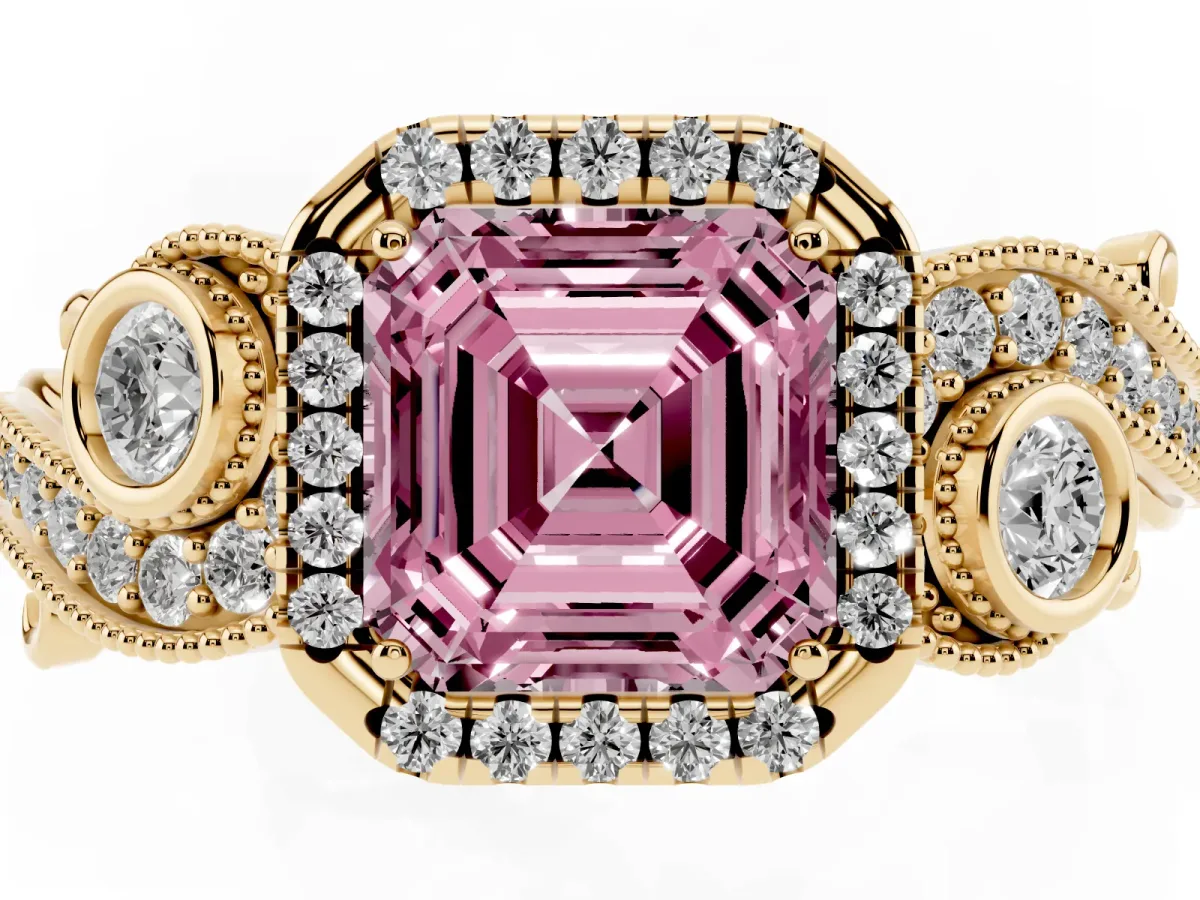 Fancy Pink Asscher Cut Diamond Halo Ring with Milgrain Pavé Band and Four-Prong Setting Yellow gold