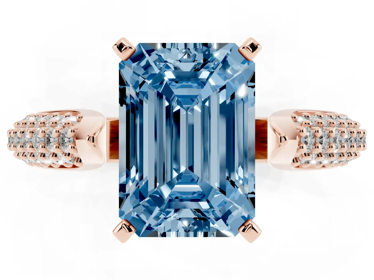 Fancy Blue Emerald Cut Diamond Solitaire Engagement Ring with Multi-Row Round Pavé Band and Prong Setting Rose gold