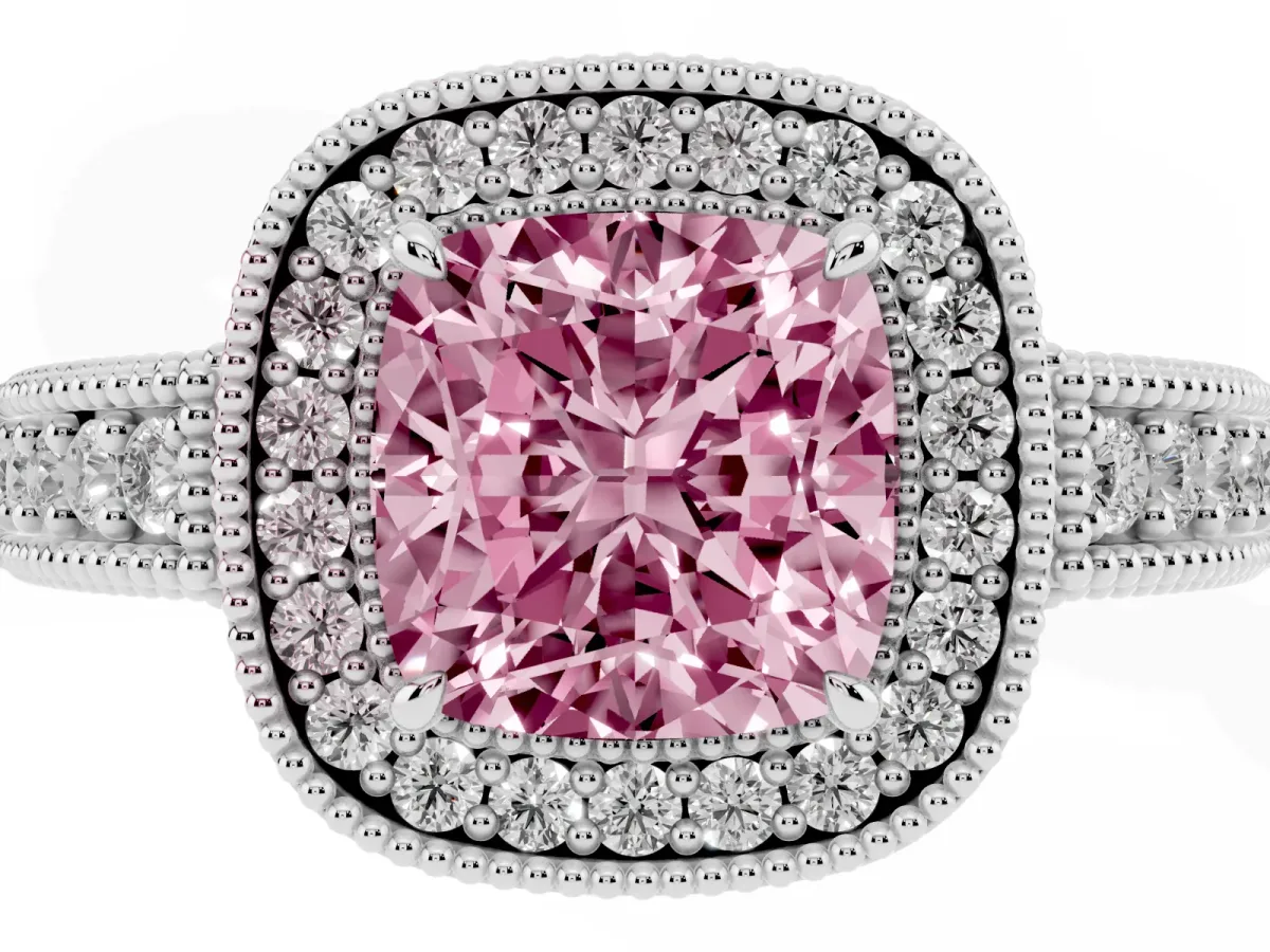 Fancy Pink Cushion Cut Cut Halo Diamond Ring with Pavé Band and Four-Prong Setting Platinum
