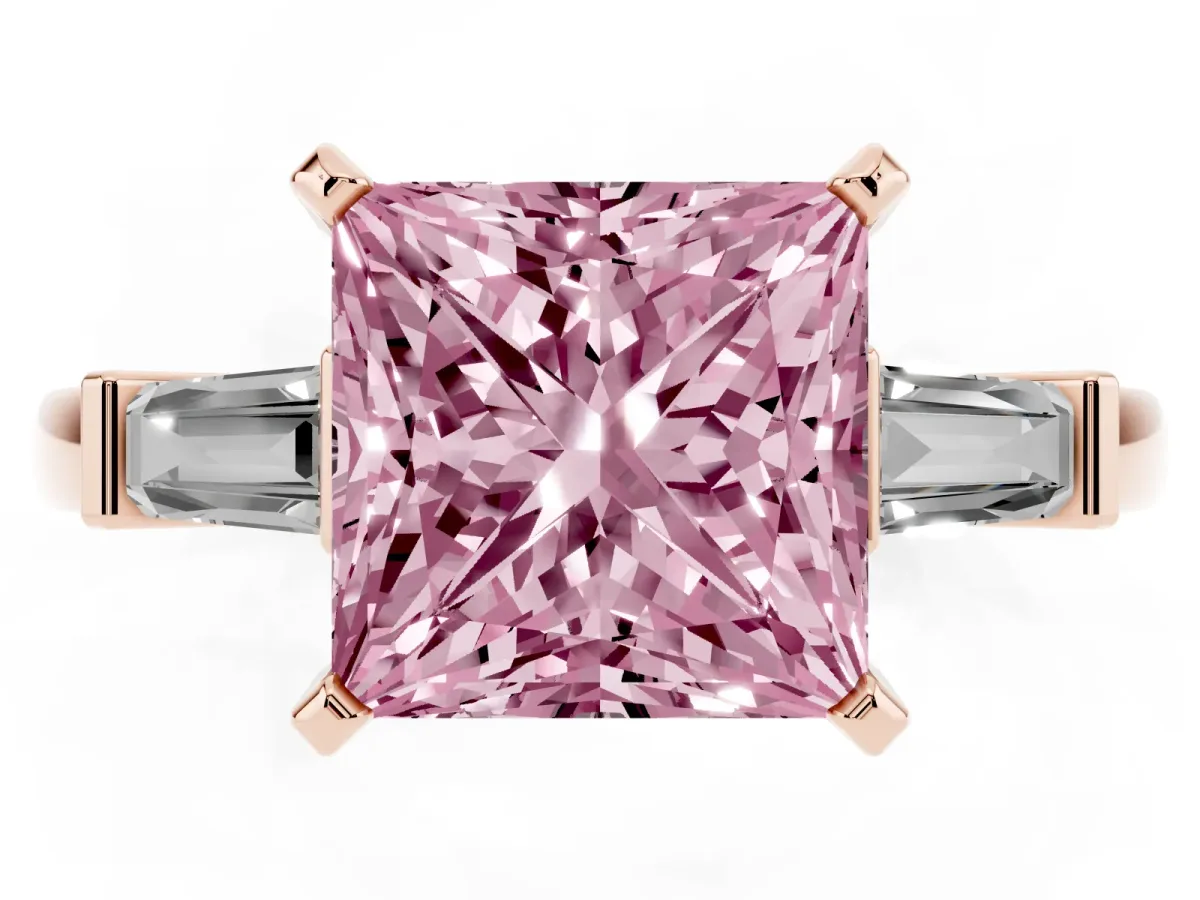 Fancy Pink Princess Cut Cut Diamond Solitaire Ring with Tapered Baguette Accents and Four-Prong Setting Rose gold