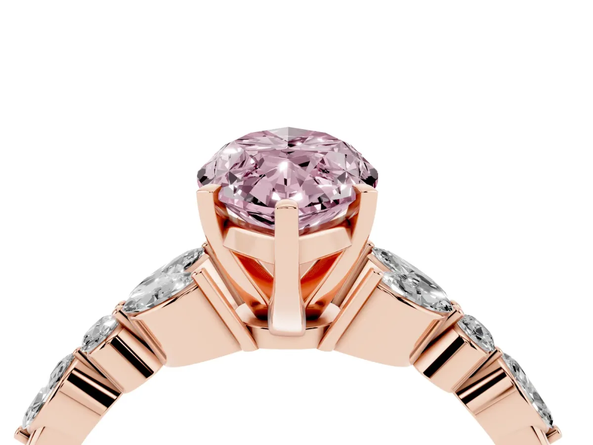 Fancy Pink Marquise Cut Diamond Solitaire Ring with Side Stones and Four-Prong Setting Rose gold