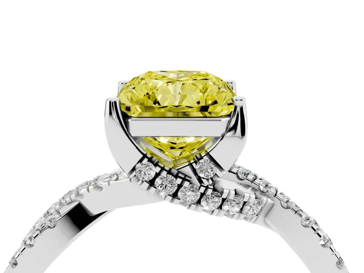 Fancy Yellow Radiant Cut Solitaire Twist Pave Diamond Engagement Ring with Prong Setting Silver