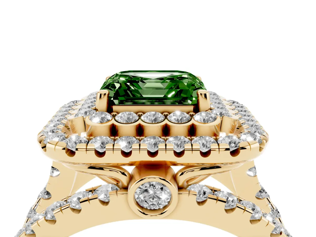 Fancy Green Asscher Cut Diamond Double Halo Ring with Round Pavé Split Shank and Prong Setting Yellow gold