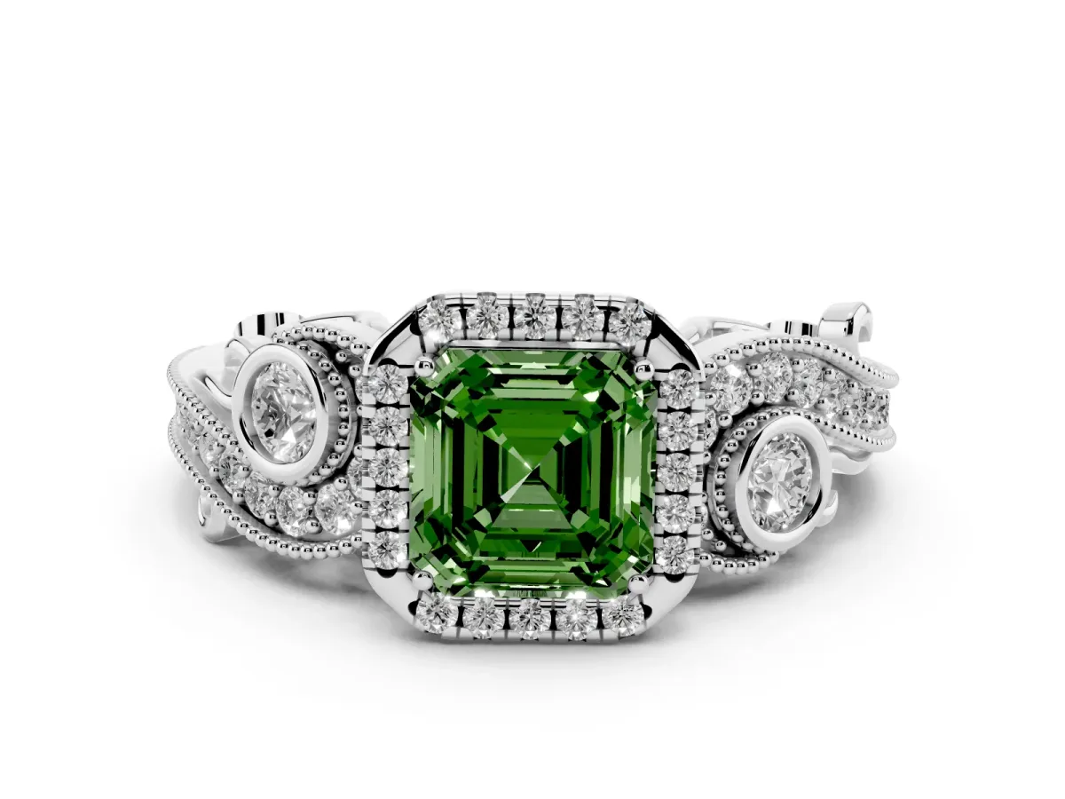 Fancy Green Asscher Cut Diamond Halo Ring with Milgrain Pavé Band and Four-Prong Setting White gold