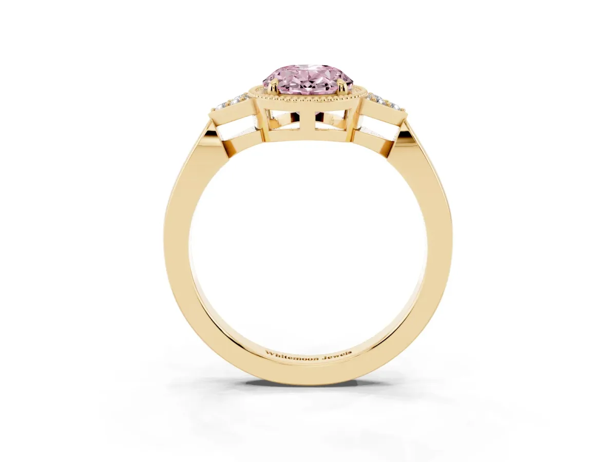 Fancy Pink Hexagonal Halo Oval Cut Diamond Solitaire with Pavé Band and Four-Prong Setting Yellow gold