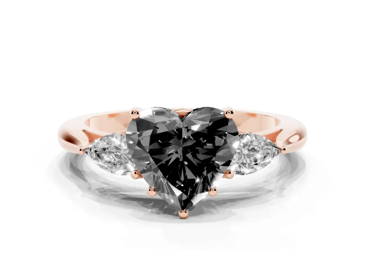 Fancy Black Three-Stone Heart Cut Brilliant Diamond Solitaire Ring with Tapered Band and Four-Prong Setting Rose gold