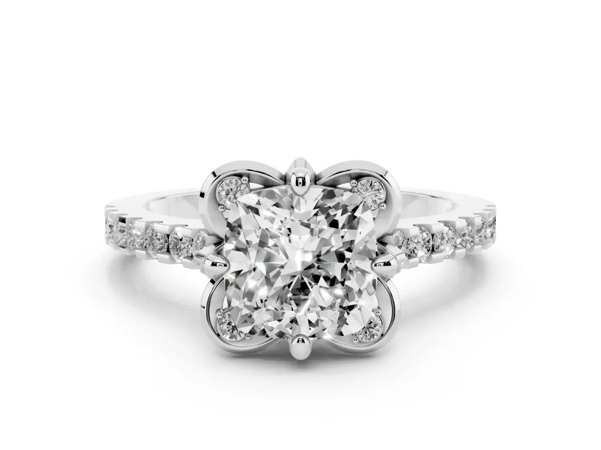 Cushion Cut Diamond Ring with Pavé Band and Floral Prong Setting White gold