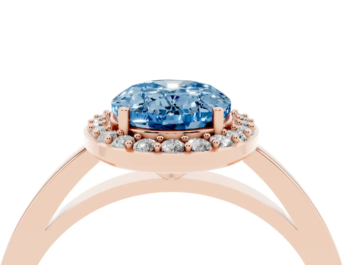 Fancy Blue Oval Cut Halo Diamond Ring with Solitaire Band and Prong Setting Rose gold