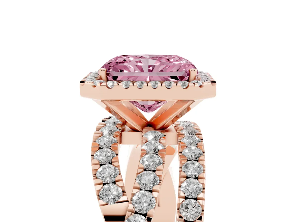 Fancy Pink Radiant Cut Diamond Halo Ring with Round Split Shank and Prong Setting Rose gold