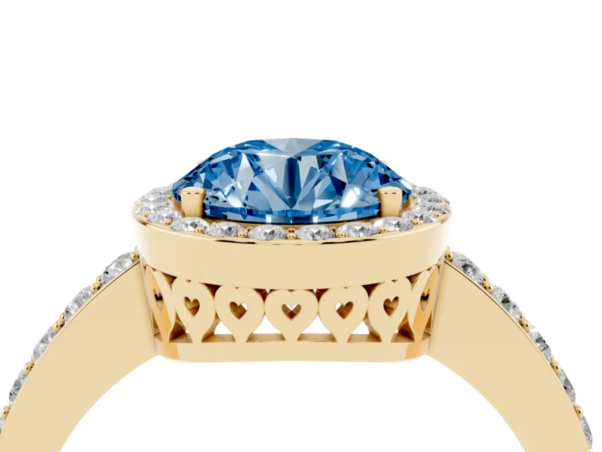 Fancy Blue Round Cut Halo Diamond Pavé Band Ring with Prong Setting Yellow gold