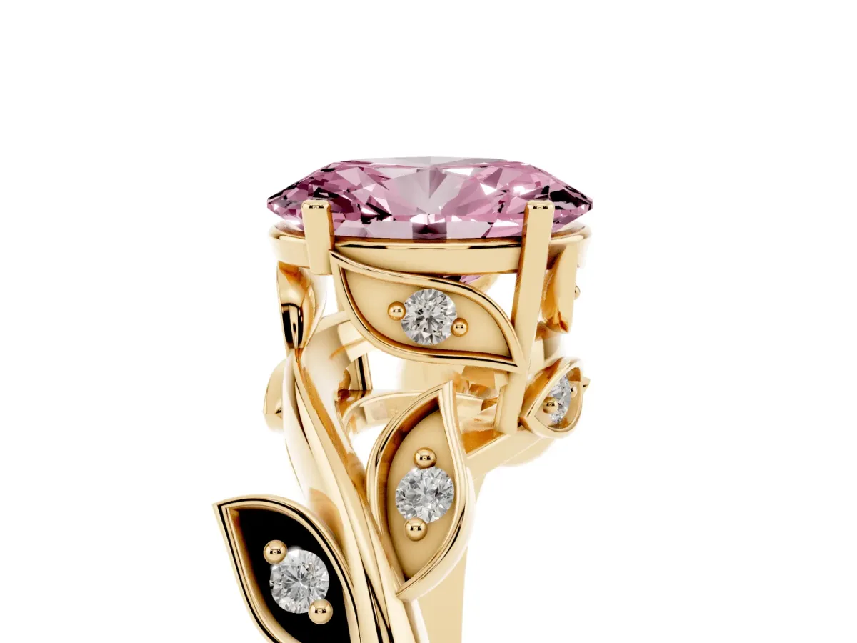 Fancy Pink Oval Cut Solitaire Twist Engagement Ring with Leaf Accents and Prong Setting Yellow gold
