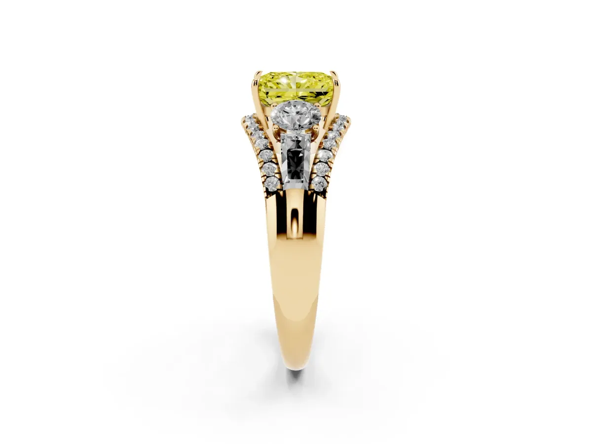 Fancy Yellow Three-Stone Radiant Cut Diamond Engagement Ring with Pave Band and Prong Setting Yellow gold