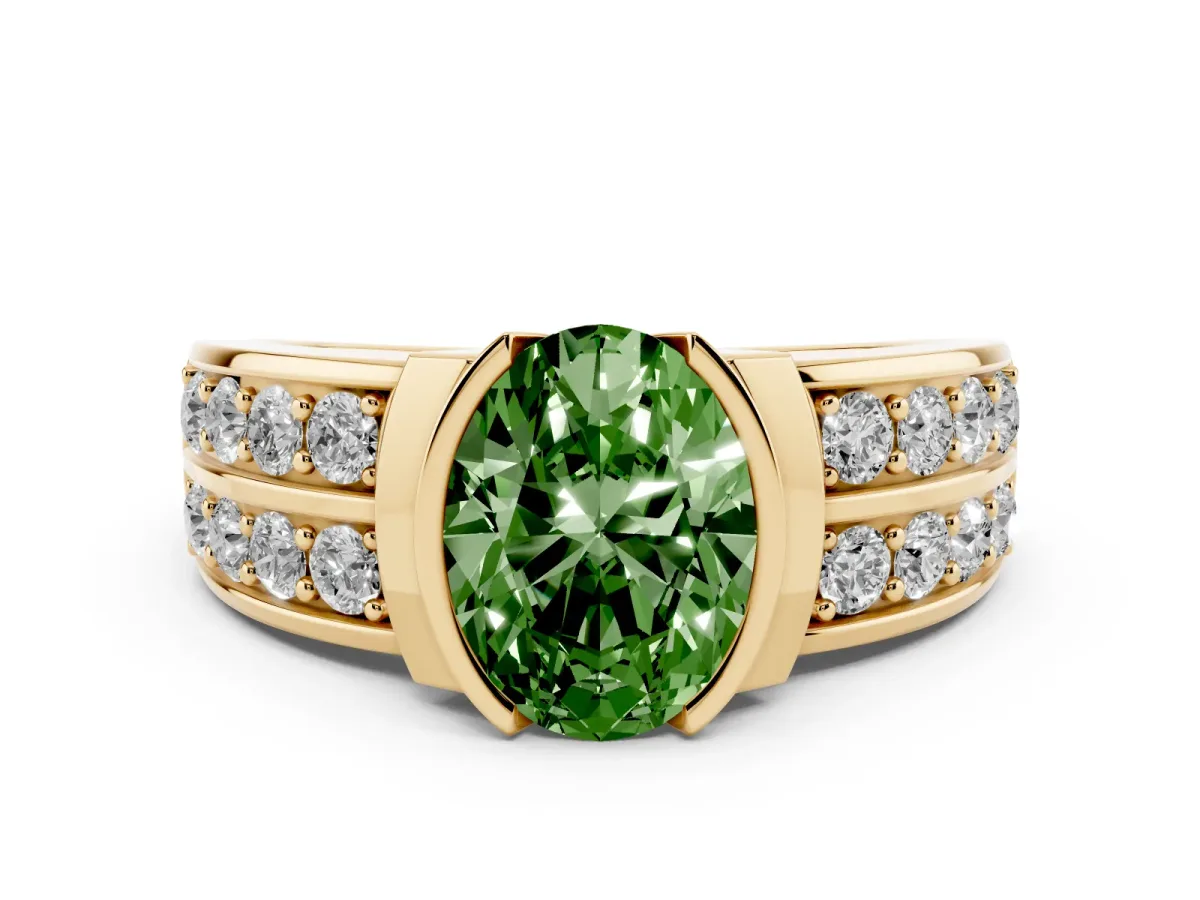 Fancy Green Oval Cut Brilliant Diamond Channel Set Wide Band Ring with Bezel Setting Yellow gold