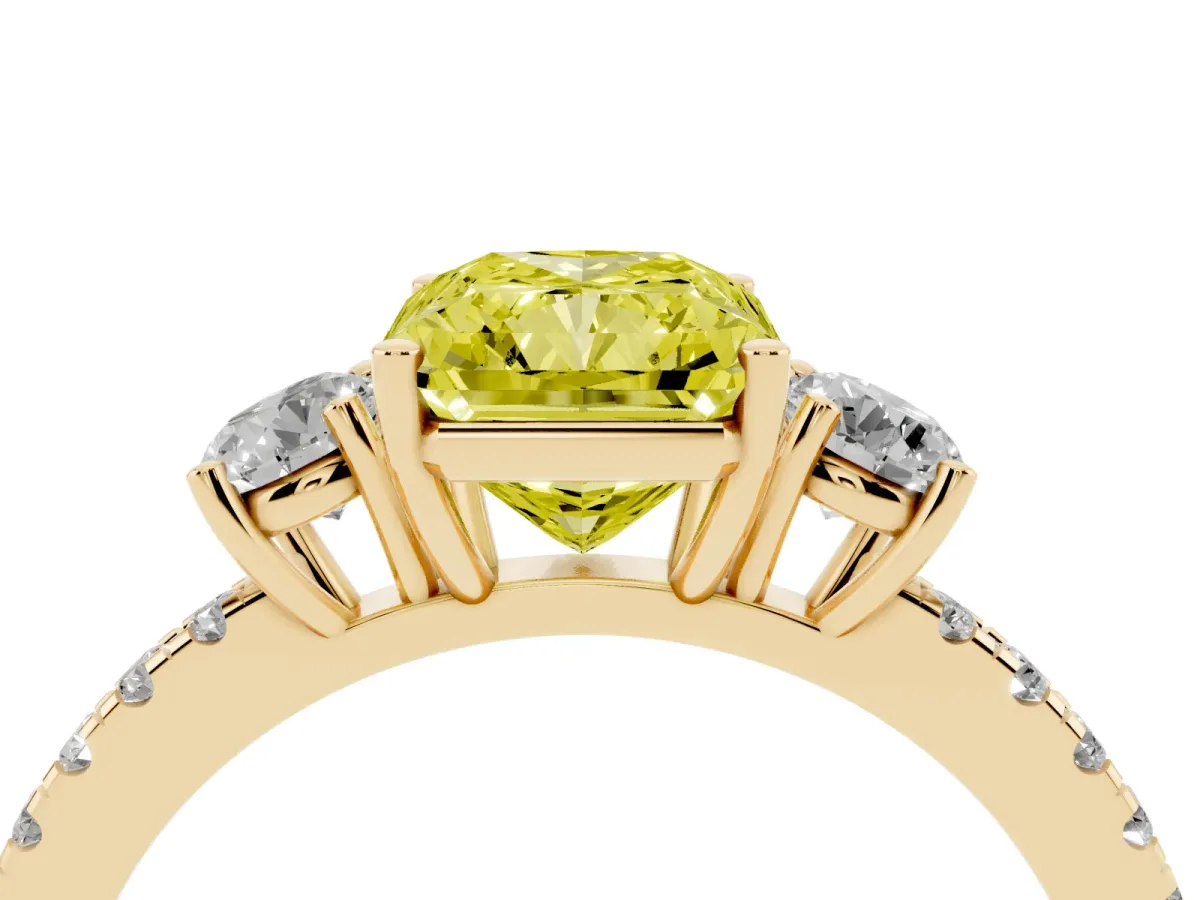 Fancy Yellow Three-Stone Radiant Cut Cut Diamond Pavé Band with Prong Setting Yellow gold