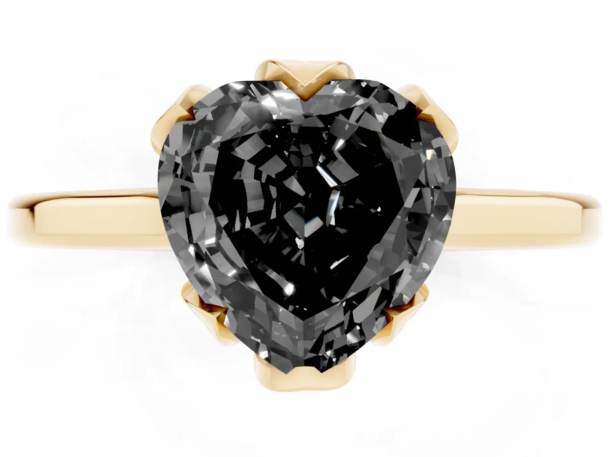 Fancy Black Heart Cut Diamond Solitaire Ring with Flower Prong Setting and Classic Band Yellow gold