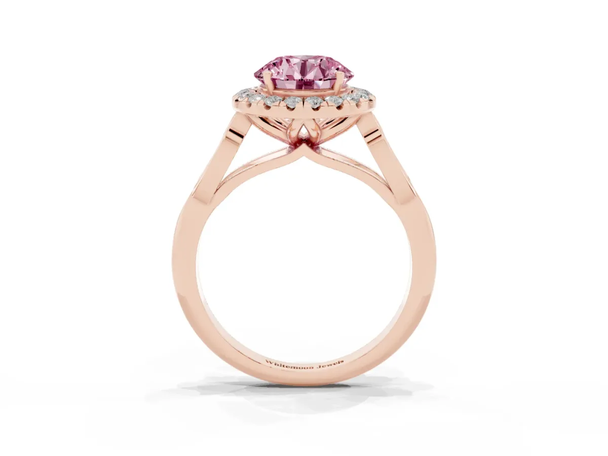 Fancy Pink Round Cut Halo Diamond Engagement Ring with Filigree Band and Four-Prong Setting Rose gold