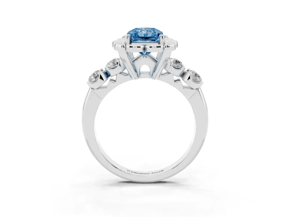 Fancy Blue Radiant Cut Cut Diamond Floral Halo Engagement Ring with Shared Prong Setting Silver