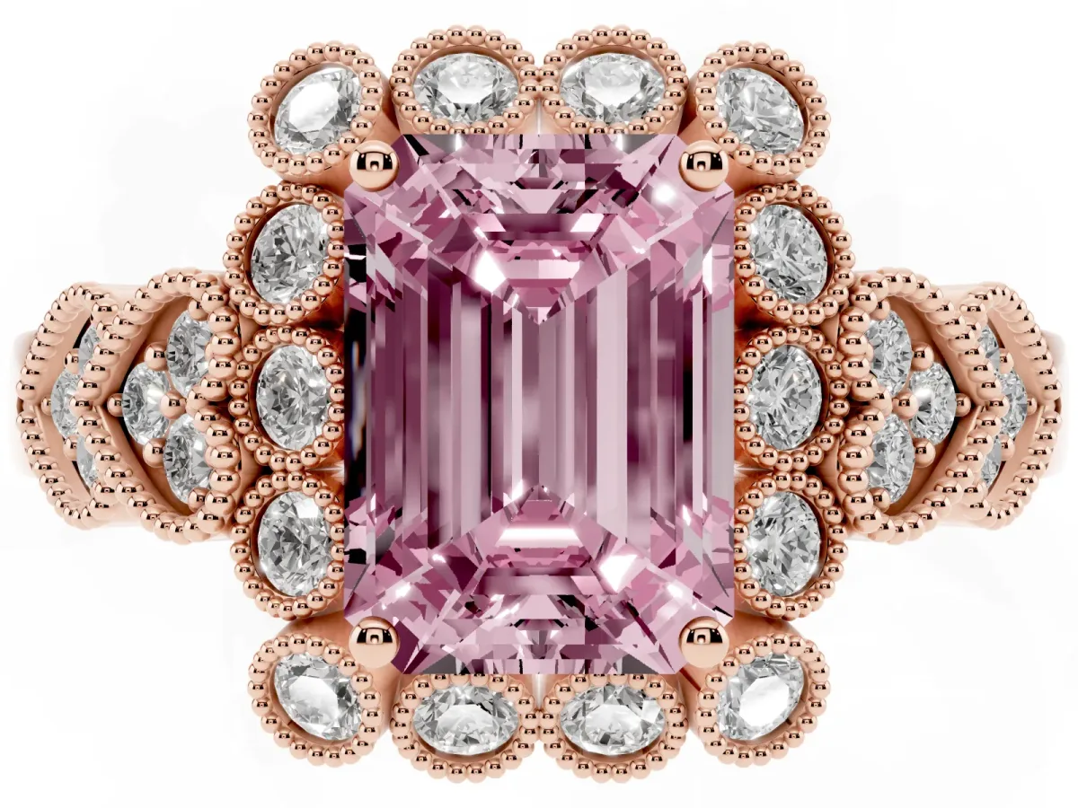 Fancy Pink Emerald Cut Brilliant Milgrain Pave Heart Band Solitaire Ring Rose gold