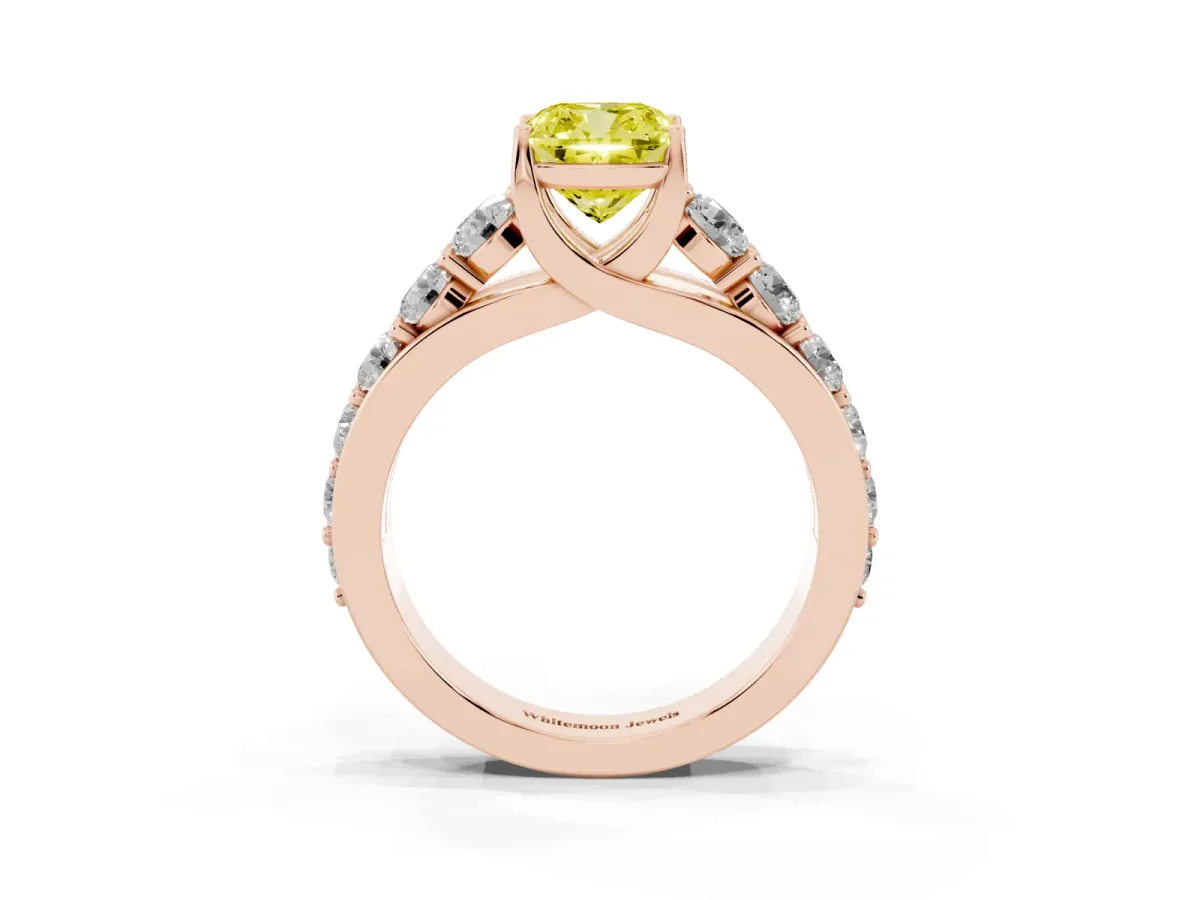 Fancy Yellow Cushion Cut Diamond Engagement Ring with Pavé Band and Four-Prong Setting Rose gold