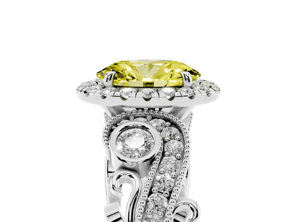 Fancy Yellow Oval Cut Halo Diamond Ring with Milgrain and Bezel Accents on a Split Shank Band Platinum