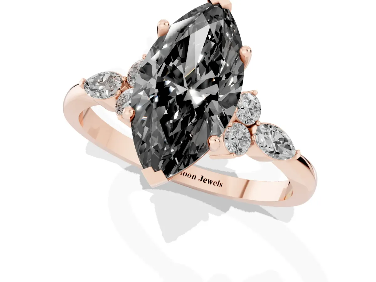 Fancy Black Marquise Cut Brilliant Diamond Solitaire Ring with Pear Side Stones and Four-Prong Setting Rose gold