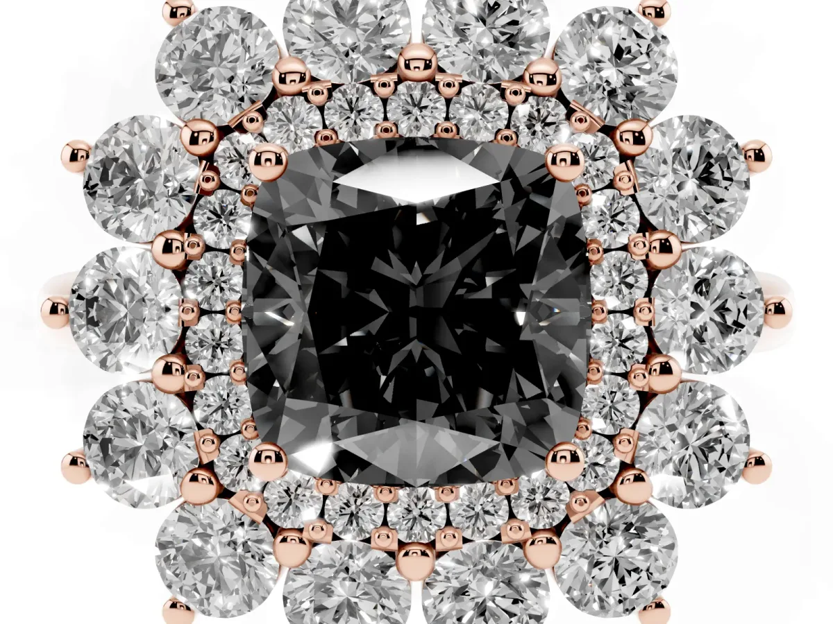 Fancy Black Cushion Cut Diamond Floral Double Halo Engagement Ring with Prong Setting Rose gold