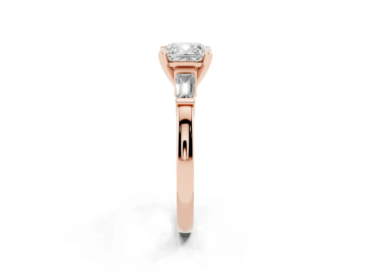 Cushion Cut Cut Diamond Solitaire Ring with Tapered Baguette Accents and Four-Prong Setting Rose gold