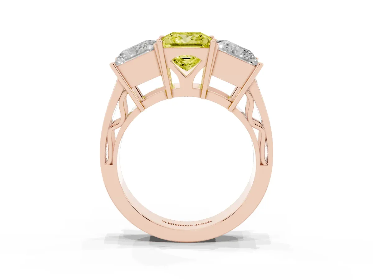 Fancy Yellow Princess Cut Diamond Three-Stone Ring with Prong Setting and Textured Band Rose gold