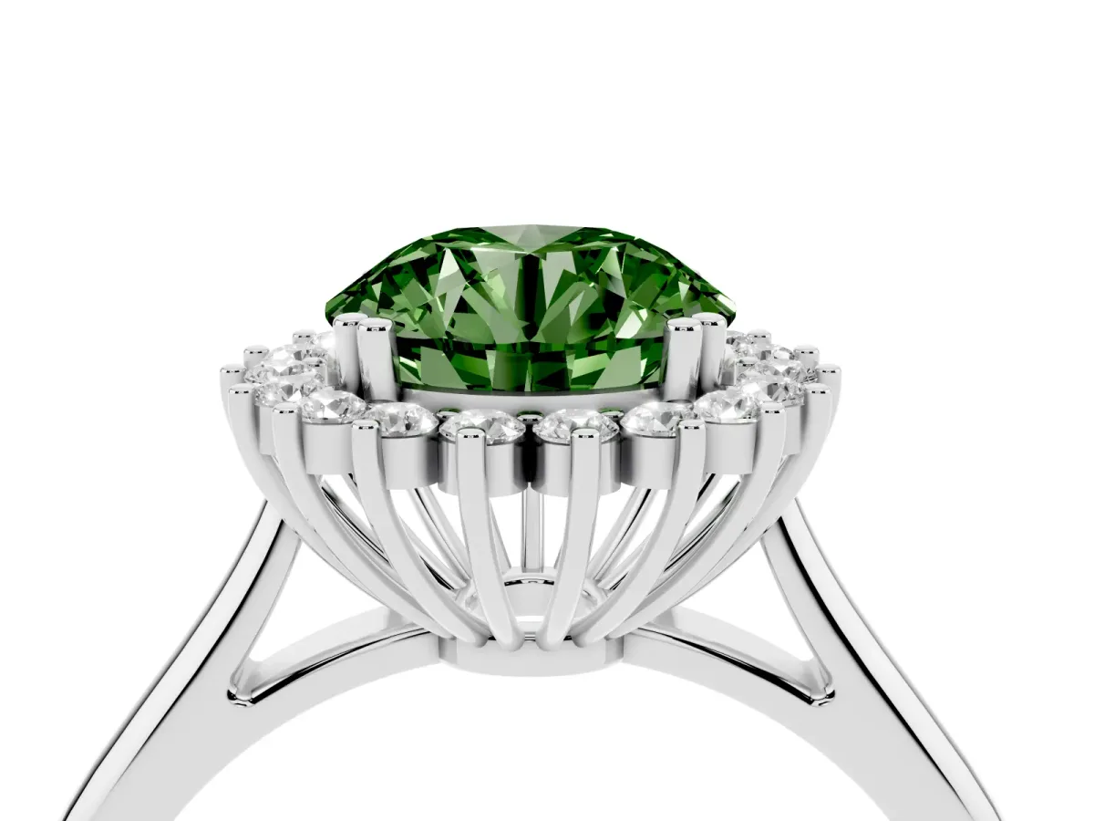 Fancy Green Round Cut Cut Diamond Halo Ring with Solitaire Band and Prong Setting Silver