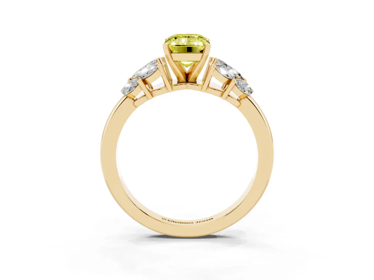 Fancy Yellow Emerald Cut Diamond Cluster Leaf Design Ring with Prong Setting Yellow gold